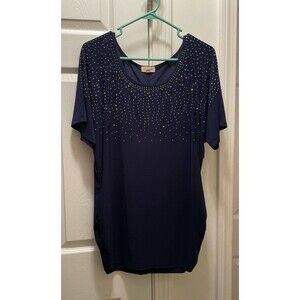 Emi & Ice Rhinestone Embellished Navy Blue Short Sleeve Shirt Women's X-Large XL